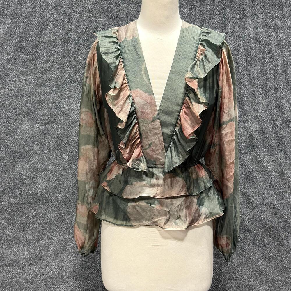 Hutch Blouse Womens XS Multicolor Floral Ruffle V Neck Long Sleeve Peplum